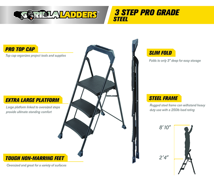 Gorilla Ladders 3Step Steel Ladder with 250 lb. Load Capacity Type I Duty RatingGLS3HD The