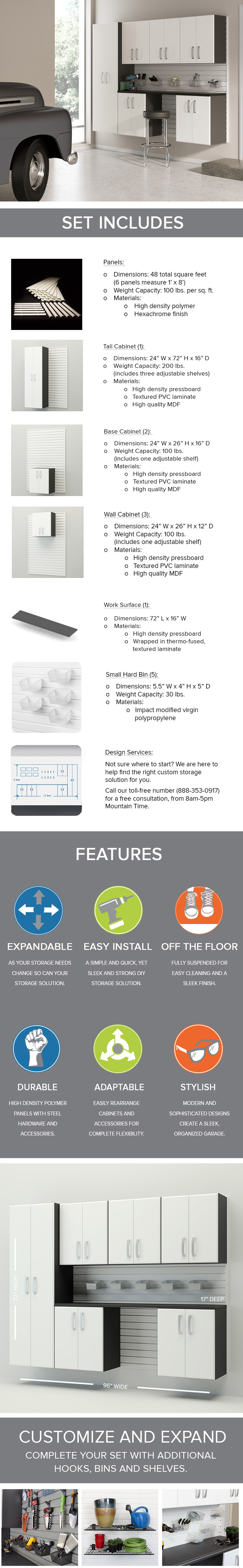 Flow Wall Modular Wall Mounted Garage Storage Set with Additional Storage Bins in White
