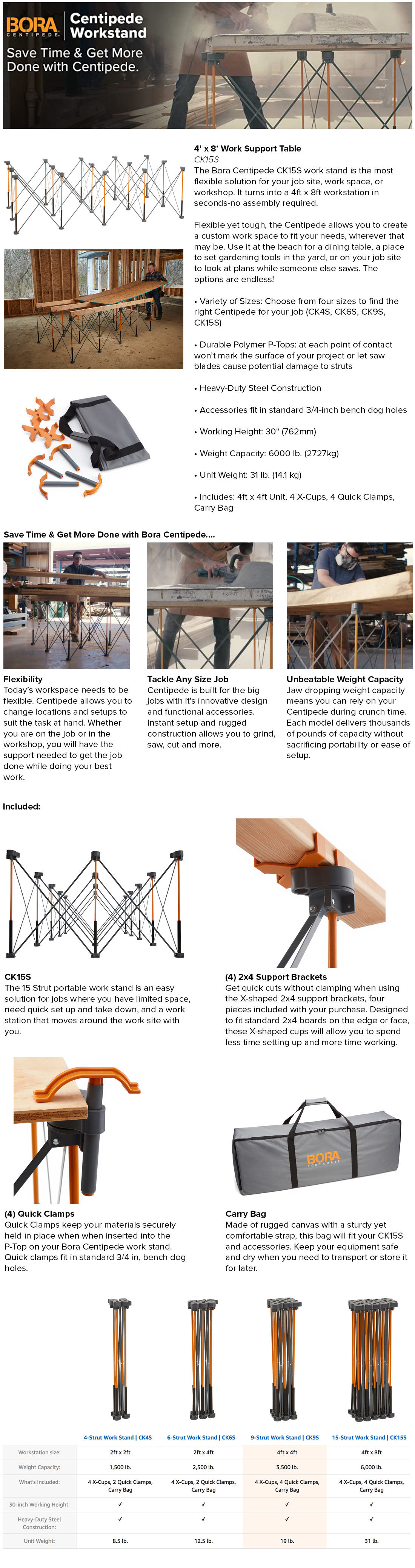 4 Quick Clamps Bora Centipede 4x8 15-Strut Work Stand and Portable Table /& Centipede 4ft x 4ft 9-Strut Work Table Includes 4 X-Cups Portable Work Support Sawhorse Carry Bag CK9S,Black//Orange