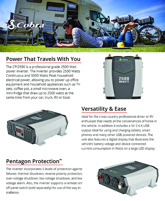 Cobra Professional 2500 Watt Inverter Cpi2590ch The Home Depot Pentagon Protection With 5 Levels Of Against The Following Failures Thermal Shutdown Reverse Polarity Over Voltage