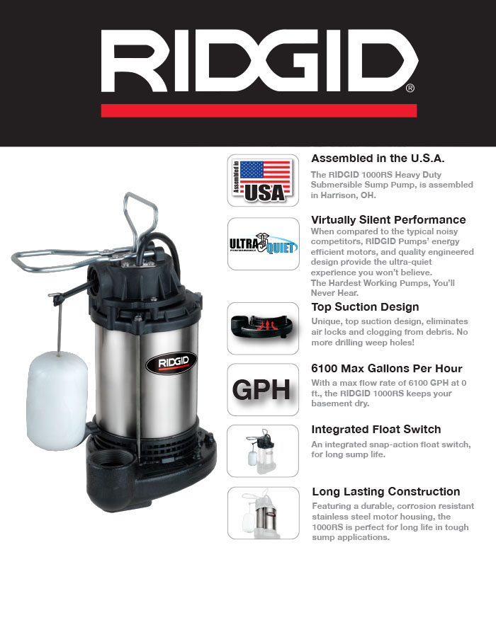 Ridgid Ultra Quiet Stainless Steel Sump Pump 1000rs The Home Depot Dia Or Larger Sump Basins Csa Agency Roved 5 Year Limited Warranty
