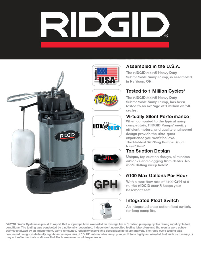 Ridgid 1 2 Hp Cast Iron Submersible Sump Pump 500rs The Home Depot 1 2 Hp Submersible Sump Pumps Note A Highly Accelerated Test Such As This May Or Not Reflect Actual Conditions That The Homeowner Would Experience