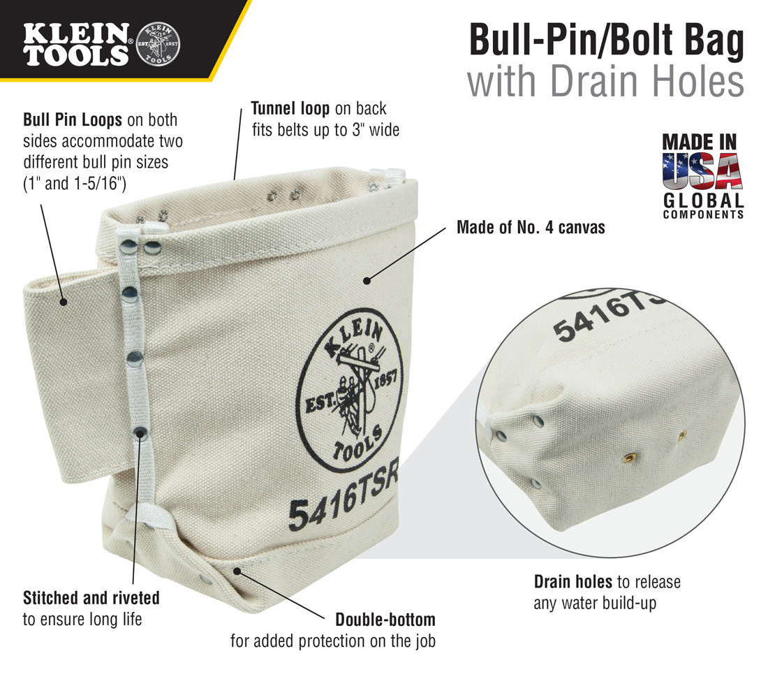 Klein Tools 9 In Canvas Bull Pin And Bolt Tool Bag With Drain Holes California Residents See Prop 65 Warnings