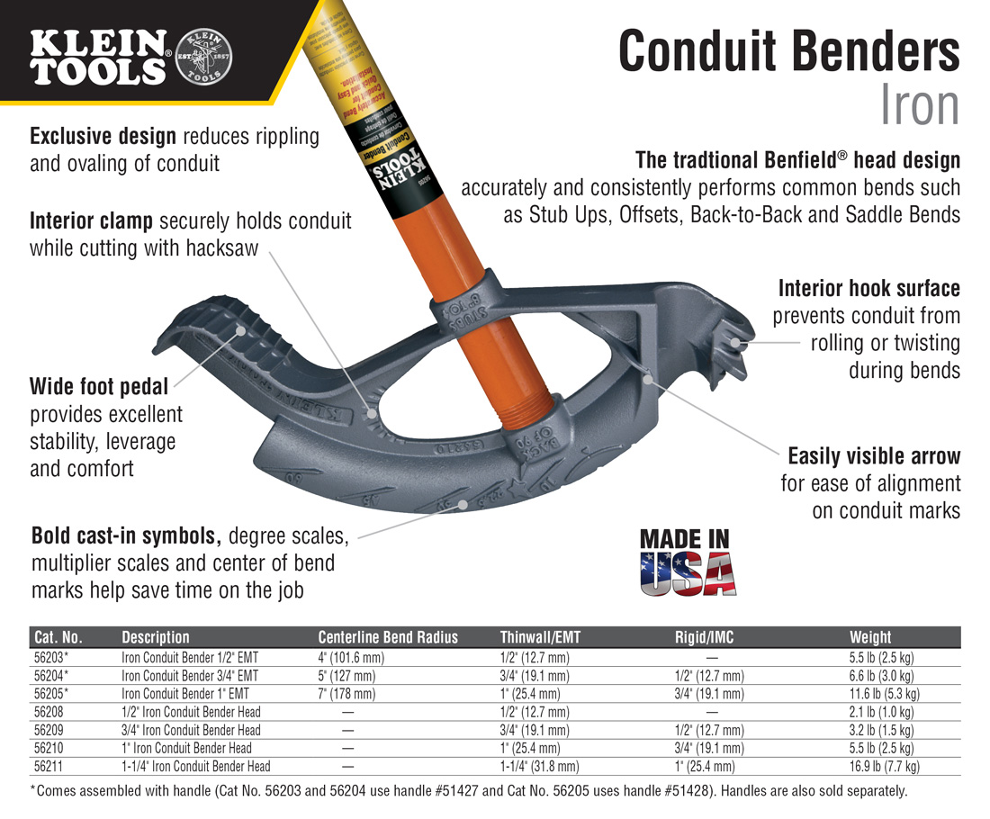 klein tools assembled iron conduit bender 3 4 in emt 3 4 emt bender chart