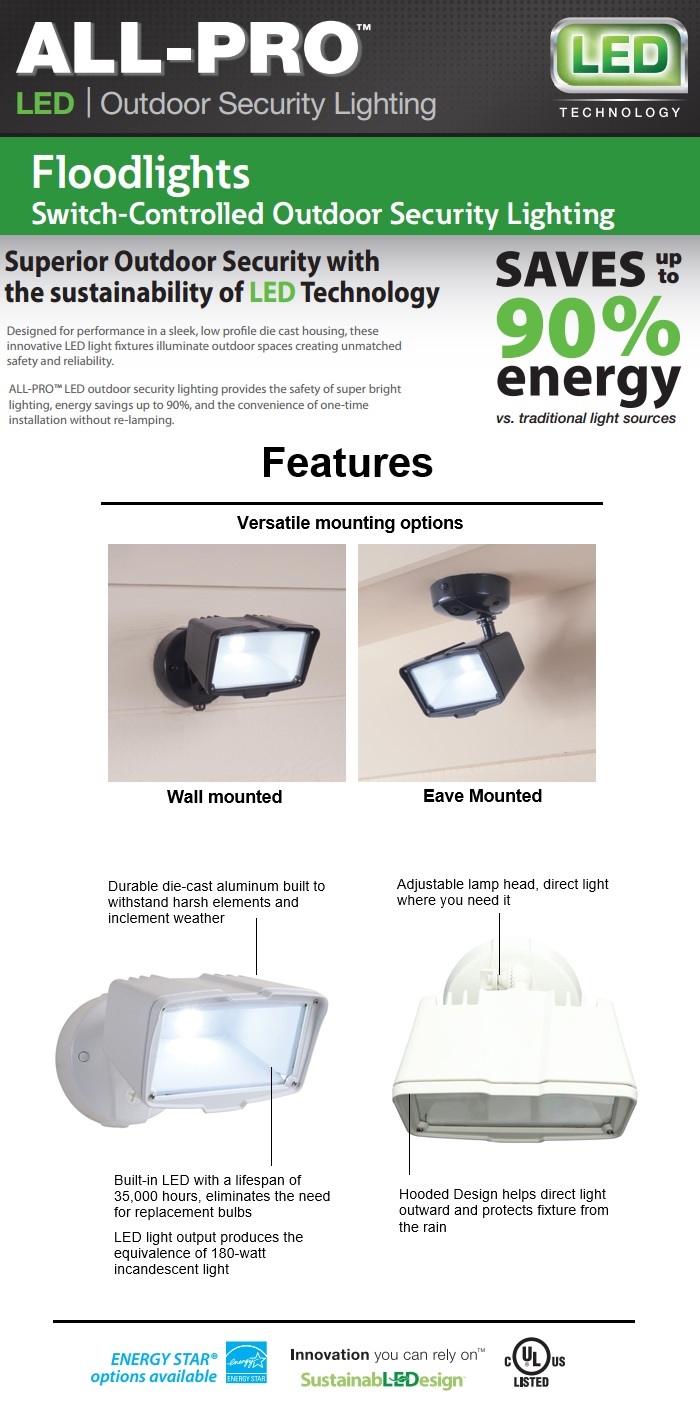 All Pro White Outdoor Integrated Led Large Single Head Security Flood Light With 1900 Lumens And 5000k Daylight