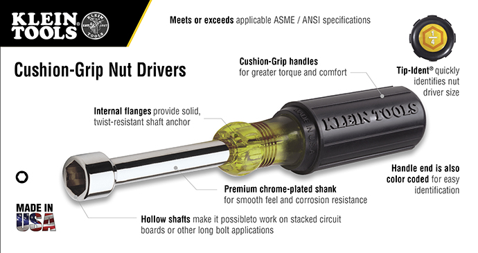 Klein Tools 3/8 in. Nut Driver with 3 in. Hollow Shaft- Cushion Grip ...
