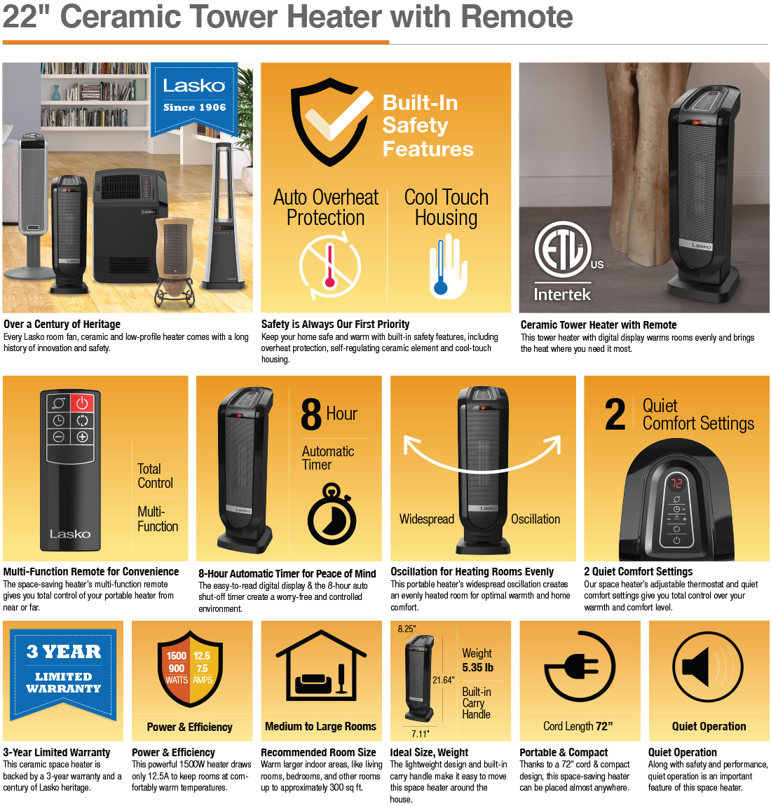 Lasko Tower 22 in. Electric Ceramic Oscillating Space Heater with