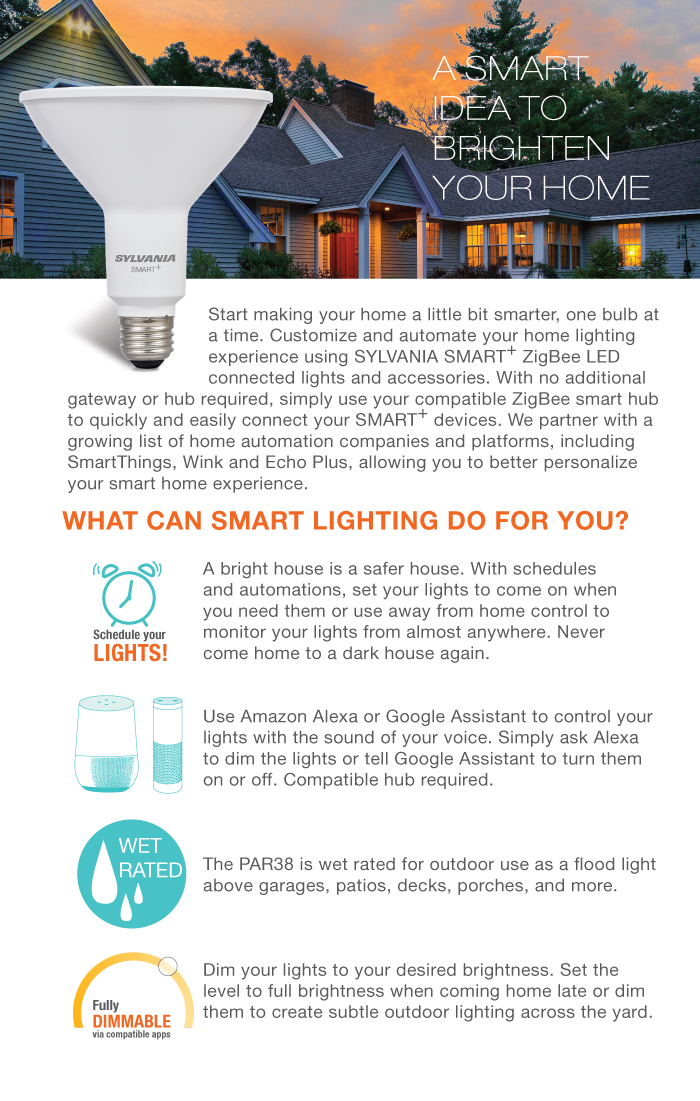 Sylvania Smart Zigbee Soft White Par38 Outdoor Led Flood 120 Watt Equivalent Light Bulb Has A Brightness Level Of 1050 Lumens And Features Lifespan 11 000 Hours