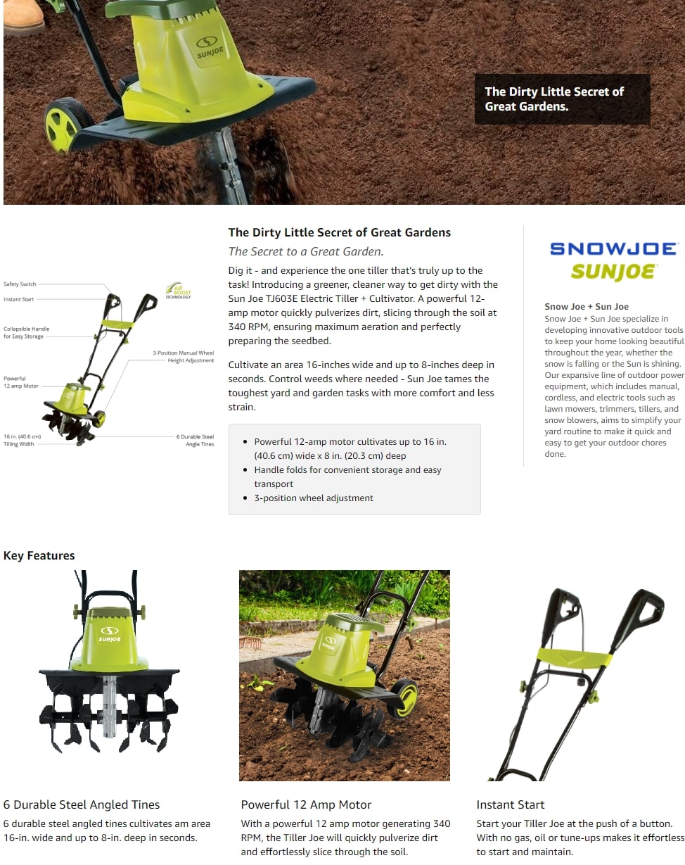 Sun Joe 16 in. 12 Amp Electric Garden Tiller/CultivatorTJ603E The