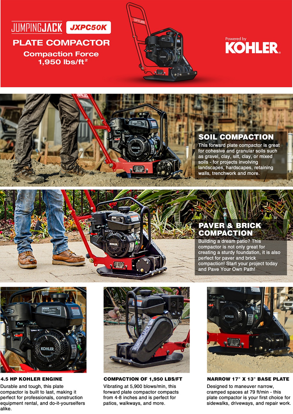 Tomahawk Power 4.5 HP Kohler Vibratory Plate Compactor Tamper for Soil