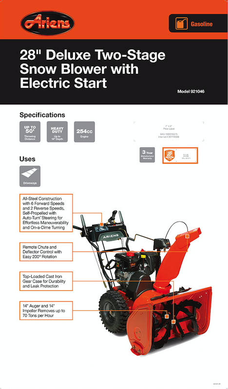 Ariens Deluxe 28 In 2 Stage Electric Start Gas Snow Er With Deluxe Two Stage Snow Er With Electric Start
