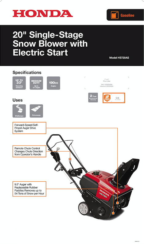 Honda Hs720as 20 In Single Stage Electric Start Gas Snow Er Clear Single Stage Snow Er With Electric Start