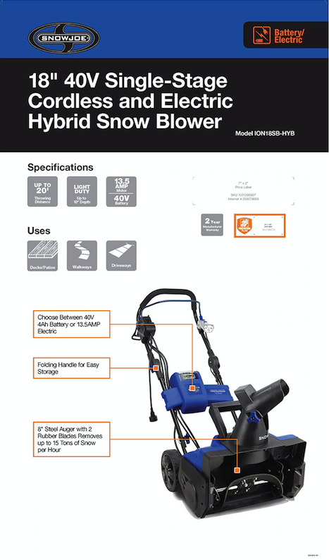 Snow Joe 18 In 40 Volt Lithium Ion Hybrid Cordless Electric Er