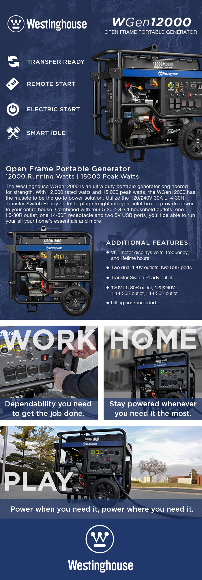 Westinghouse Wgen12000 12000w 15000w Gas Remote Start Generator New Factorypure