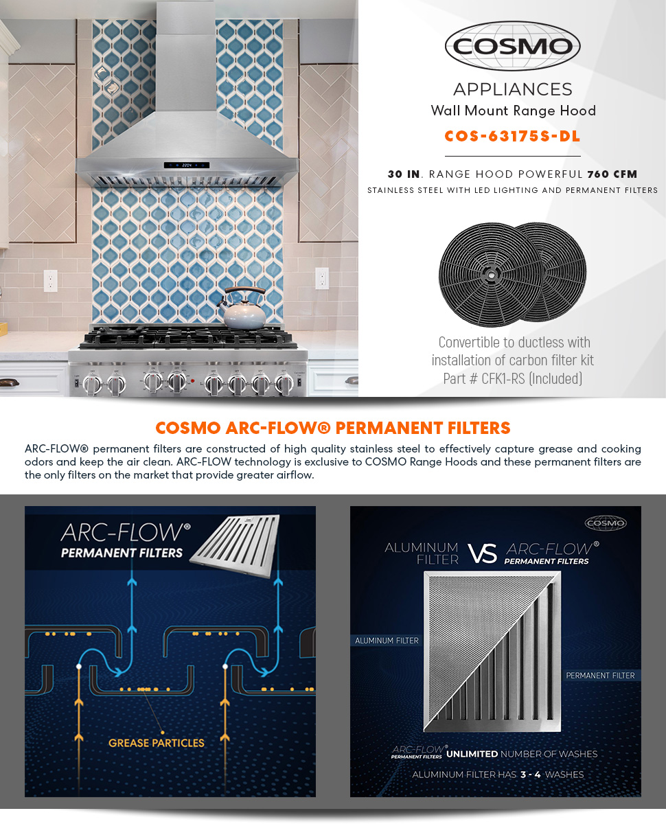 Cosmo 30 in. Ductless Wall Mount Range Hood in Stainless Steel with LED