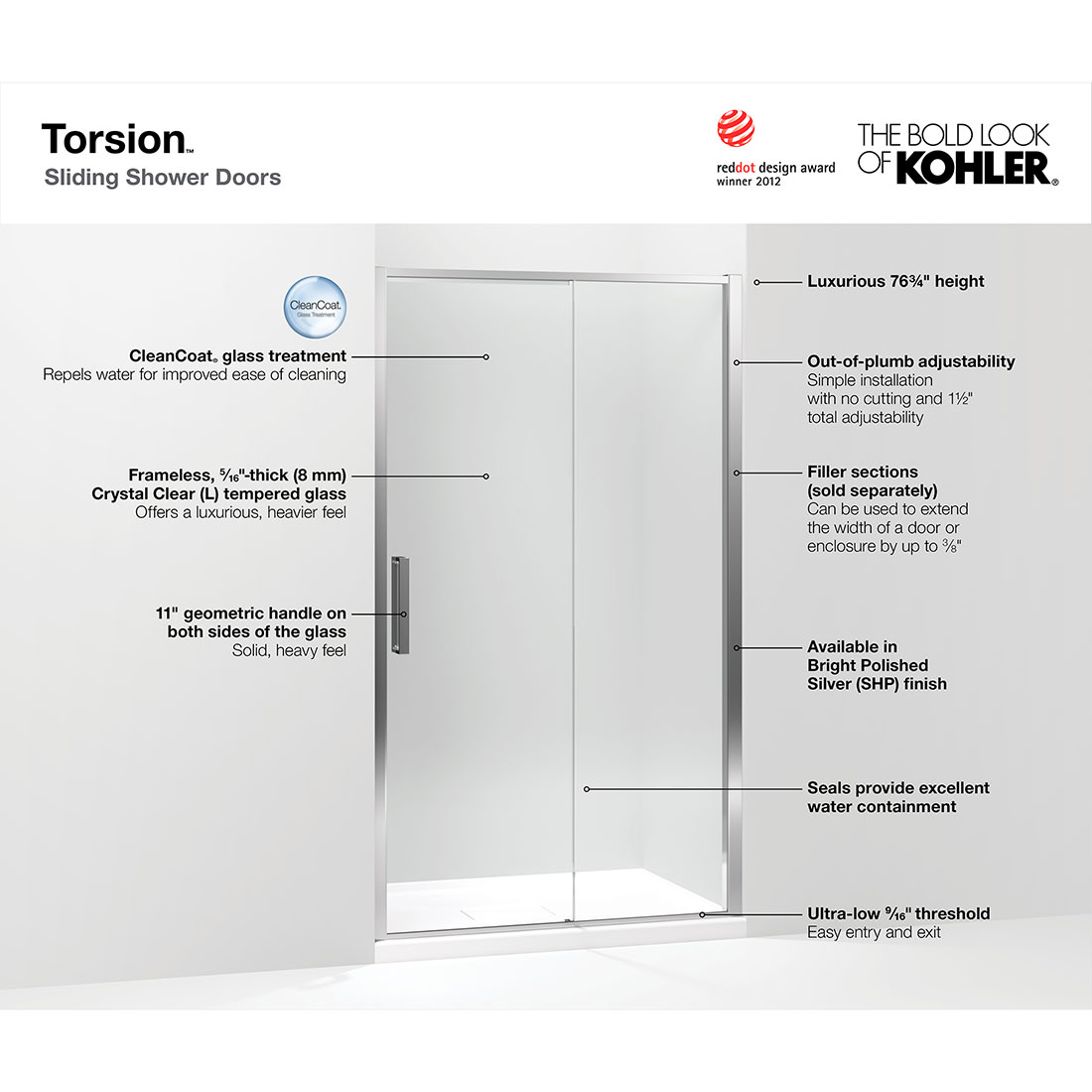 Kohler Torsion 48 In W X 76 875 H Frameless Sliding Shower Door For Easy Entry And Exit Sliding Shower Door