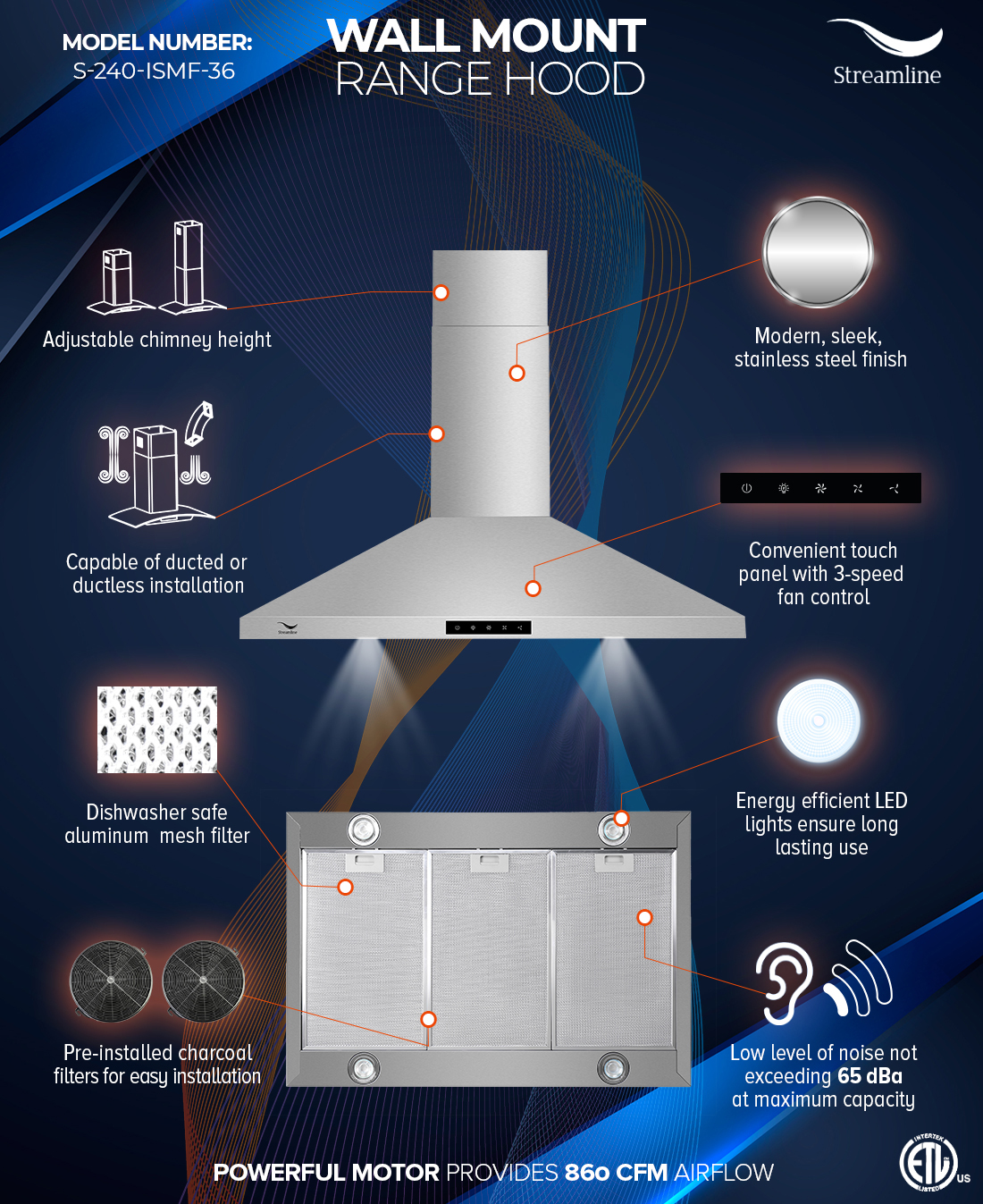 Streamline 36 in. Convertible Island Mount Range Hood in Stainless
