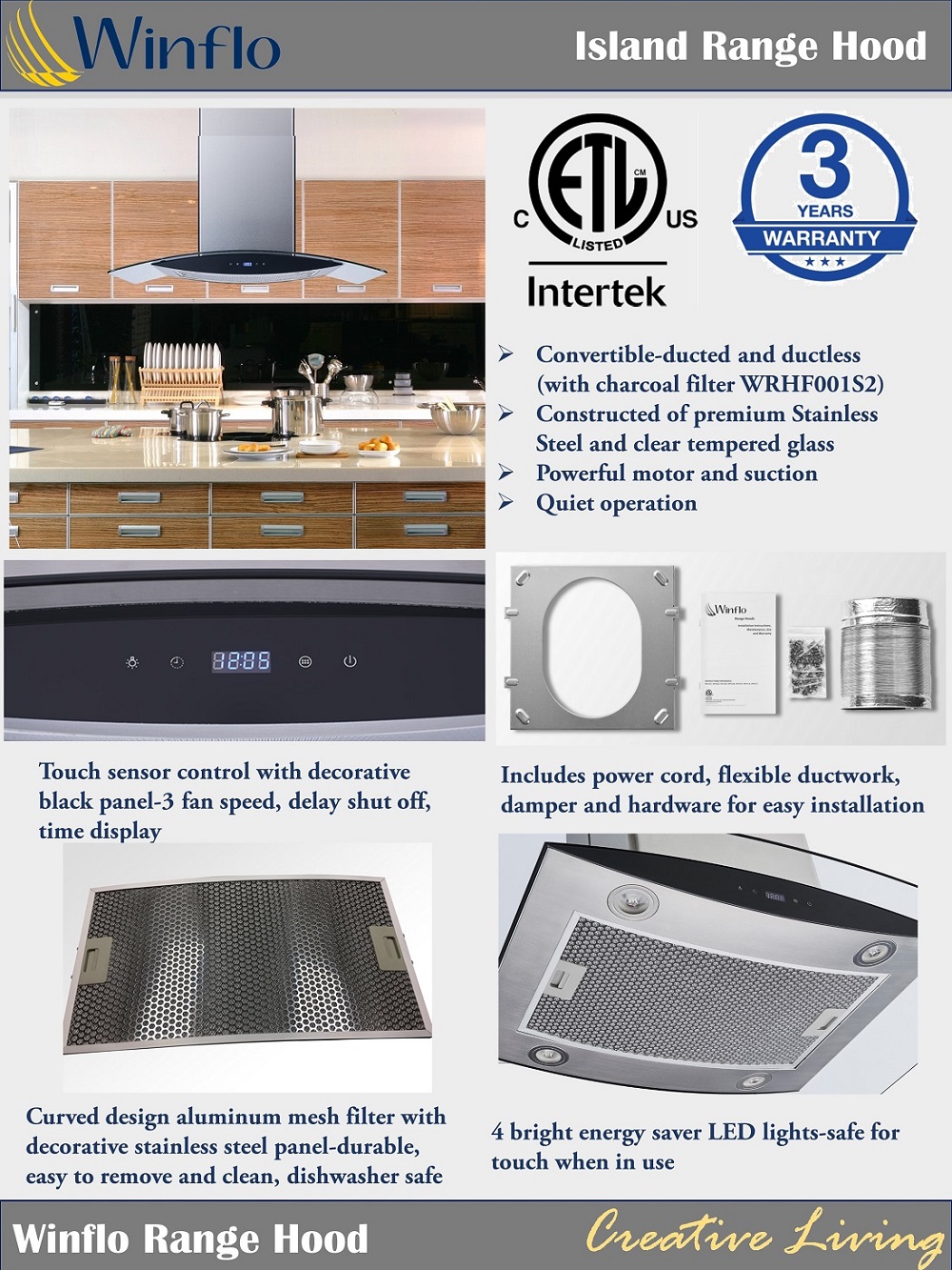 Winflo 30 in. Convertible Island Mount Range Hood in Stainless Steel