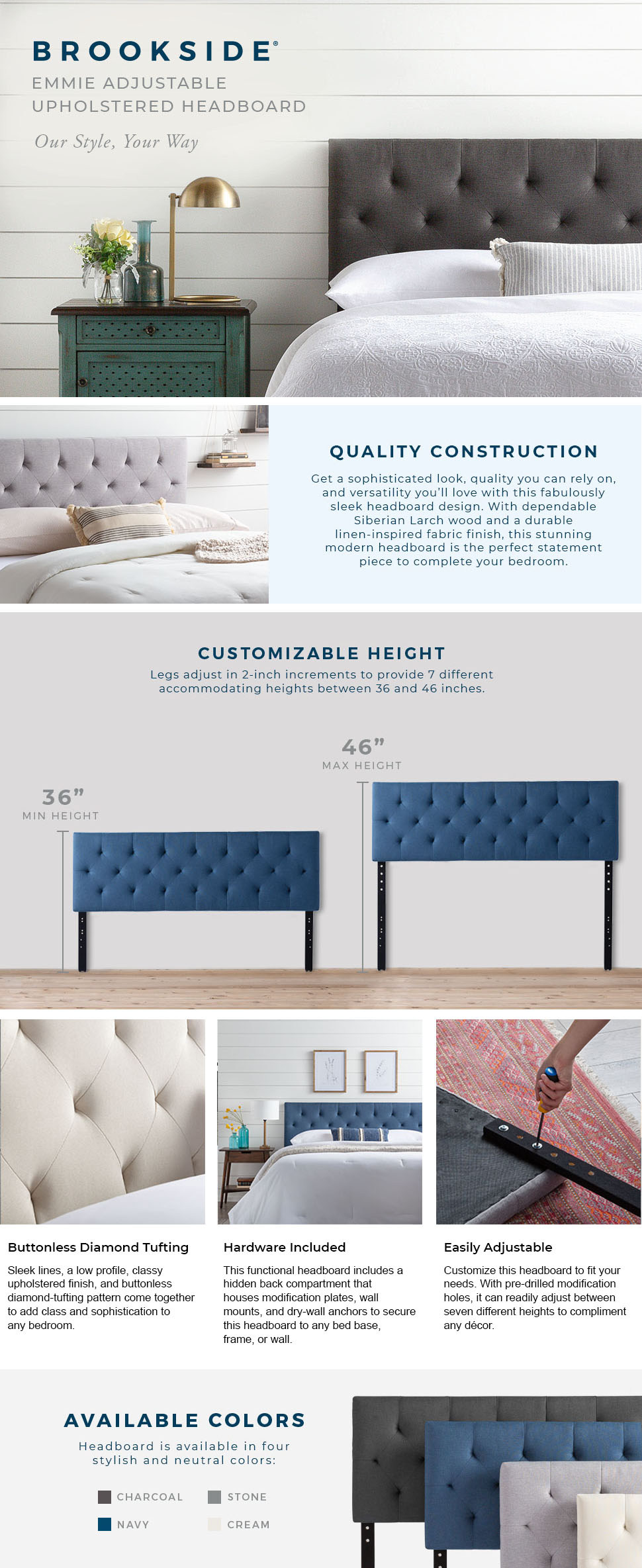 Brookside Emmie Adjule Stone Queen Upholstered Headboard Overview