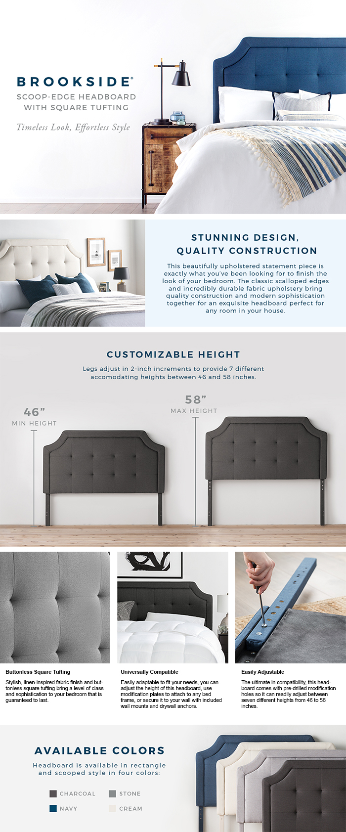 Brookside Upholstered Scoop Edge Full Xl Headboard With Square Overview
