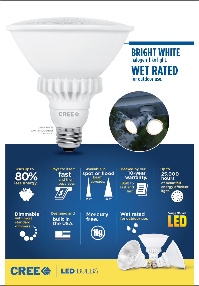 Cree 90w Equivalent Bright White 3000k Par38 47 Degrees Flood Overview Ideal For Outdoor Use Strong Covering Range Of Light Dimmable Bulb Cree Led